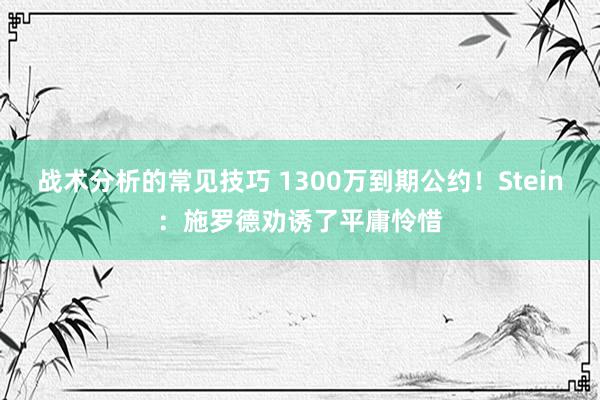 战术分析的常见技巧 1300万到期公约！Stein：施罗德劝诱了平庸怜惜